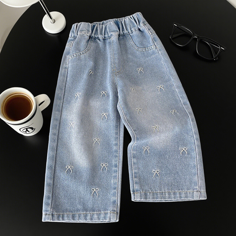 Furniture Leg Set - Girls' Embroidered Bow Wide-Leg Denim Pants